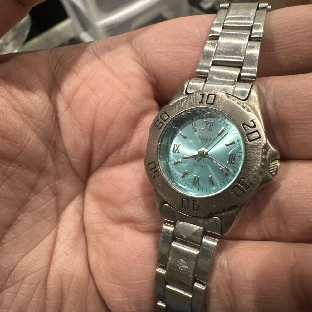 VTG Working Tilt Ladies‎ Silver Tone Green Dial Bezel Rotate Watch 29mm Fit 7in